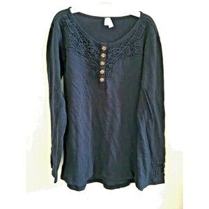 Girl’s Top T-Shirt Navy Blue Wooden Lace Trim Size 10 Long Sleeves